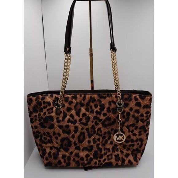 Michael Kors Brown Leopard Print Satin Leather Tote Quilted Academia Chic 36-12 - Picture 5 of 16